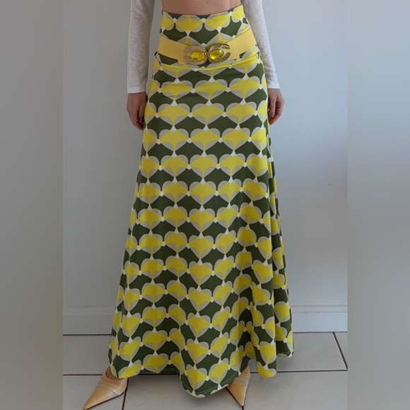 Lularoe Maxi Skirt Retro Style Geometric Print Yellow Green Fits XS S M - Picture 5 of 6